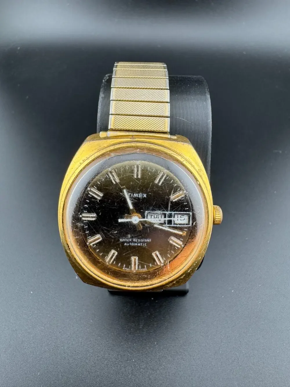 Vintage Timex Viscount Mens Watch 37mm Brown Dial Gold Tone Day Date Automatic